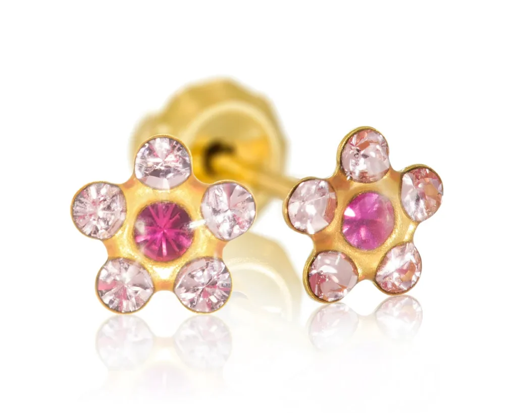 Perforación con Flor Cristal Rosa bañado Oro Inverness Bañados en oro 24K