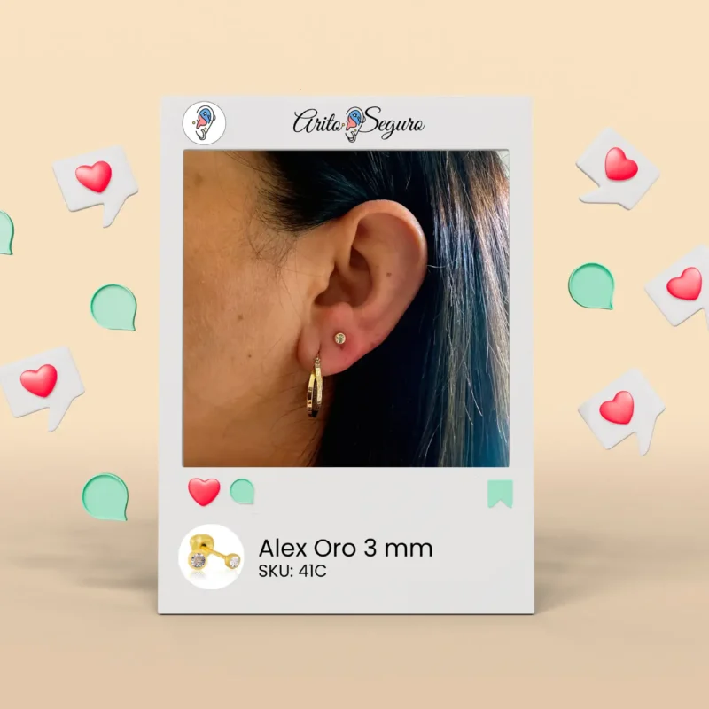 Corrección de perforación segura en lóbulo con arito hipoalergénico Inverness tipo Alex oro 3mm modelo 41C