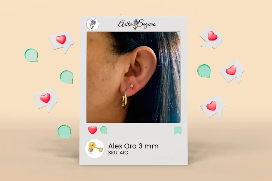 Corrección de perforación segura en lóbulo con arito hipoalergénico Inverness tipo Alex oro 3mm modelo 41C