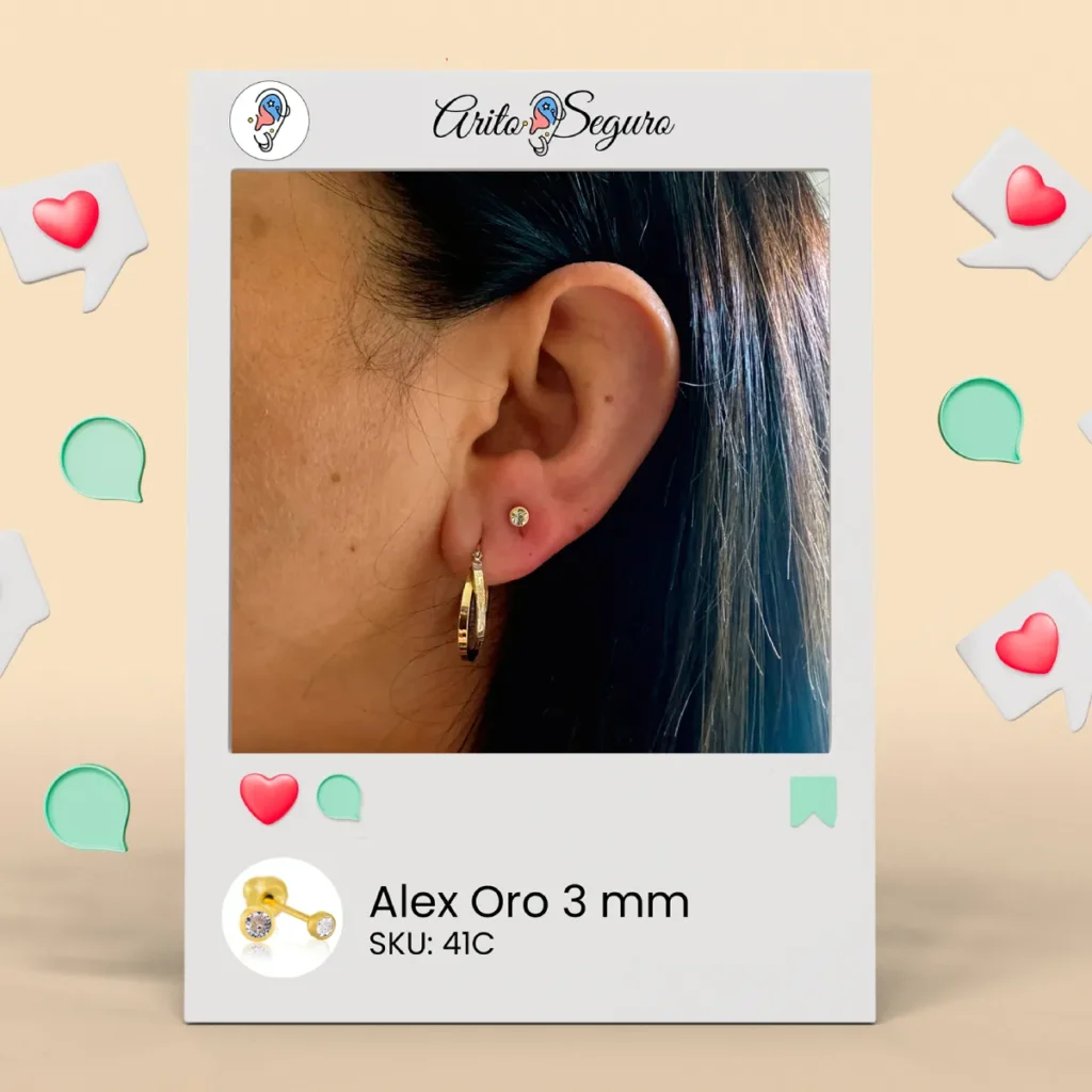 Corrección de perforación segura en lóbulo con arito hipoalergénico Inverness tipo Alex oro 3mm modelo 41C Corrección de perforación segura en lóbulo con arito hipoalergénico Inverness tipo Alex oro 3mm modelo 41C