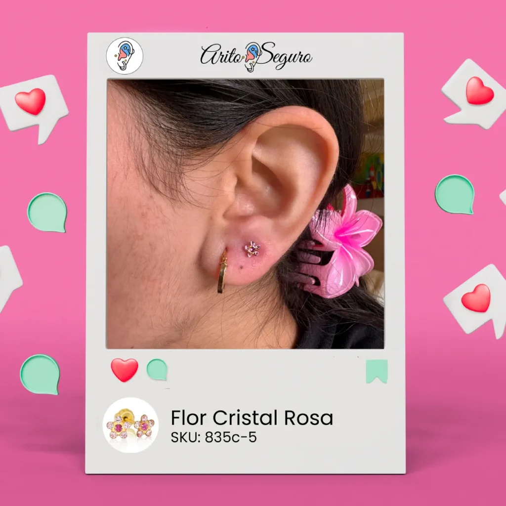 Perforación segura en lóbulo con arito hipoalergénico Inverness tipo Flor rosa 835-C