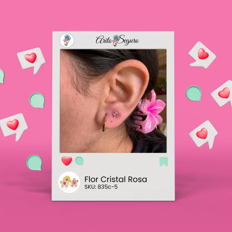 Perforación segura en lóbulo con arito hipoalergénico Inverness tipo Flor rosa 835-C