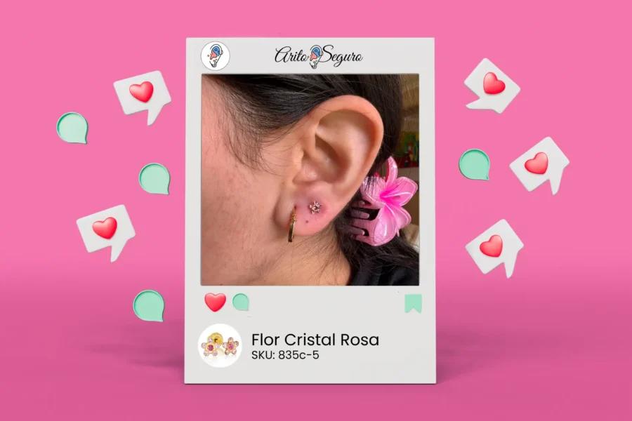 Perforación segura en lóbulo con arito hipoalergénico Inverness tipo Flor rosa 835-C